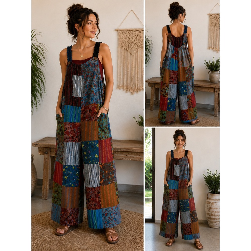 Kathmandu Imports Patchwork Cotton Overalls Jumpsuit Multi Color Wide Leg Boho